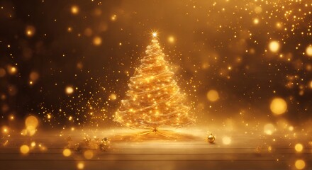 Fototapeta na wymiar Christmas Wallpaper with a golden aura, beautifully decorated and lit Christmas tree with lights and presents underneath, Xmas, bokeh, for Holiday season, created with Generative AI technology
