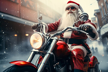 Portrait of brutal Santa Claus in red clothing and black sunglasses rides a chopper motorcycle.  - obrazy, fototapety, plakaty