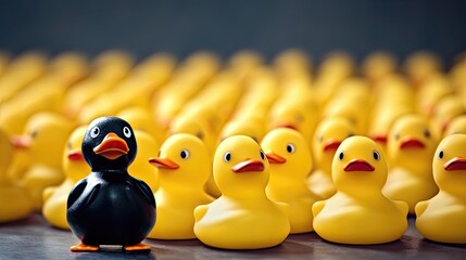 Standing Out of the Crowd. Black Duck Among Yellow Ducks - Diversity Concept - obrazy, fototapety, plakaty