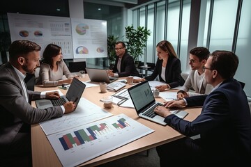 Business people group meeting in office. Professional businesswomen, businessmen, and office workers work in team conferences with project planning documents on the meeting table.