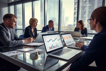 Business people group meeting in office. Professional businesswomen, businessmen, and office workers work in team conferences with project planning documents on the meeting table.