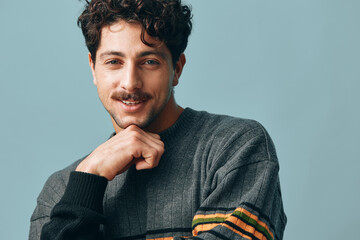 Fototapeta na wymiar Sweater man style fashion hipster portrait joyful smile face handsome copyspace trendy