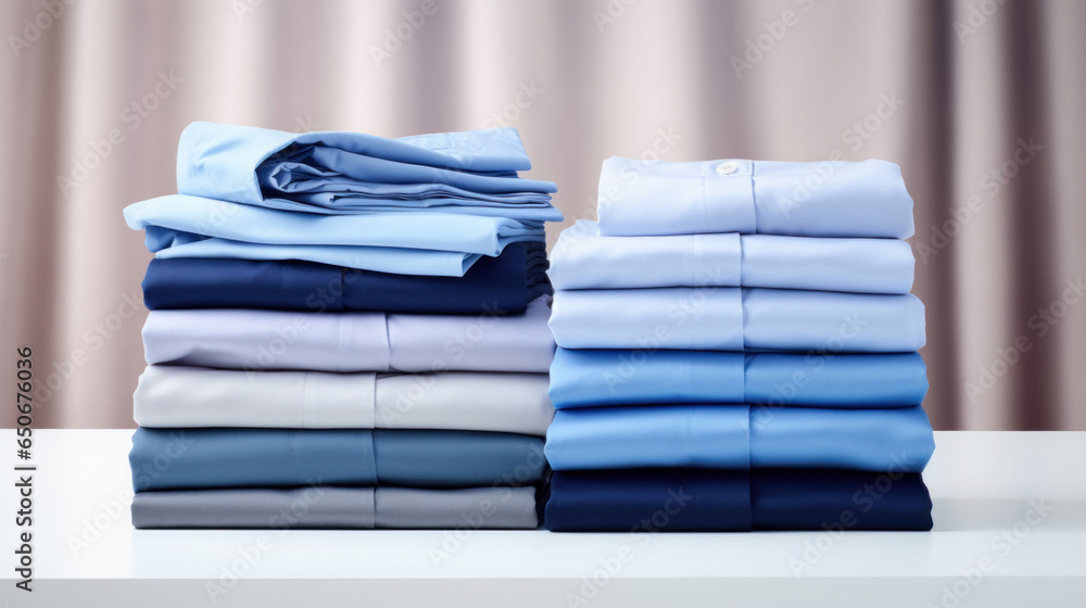 Poster folded clothes in stacks of various simple blue placed on a table on a light background