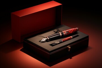 Ink Elegance: High-Quality Product Photography Showcasing a Fountain Pen, Spotlighting Classic Colors and Intricate Details in Controlled Lighting, Emphasizing Elegance, Presented in a Luxurious Photo