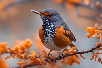 Orange thrush on flowering branch