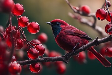Red bird on branch with red fruits