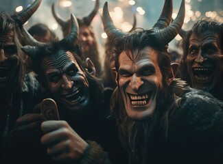 Fototapeta premium A group of people with horns at the Krampus Night festival