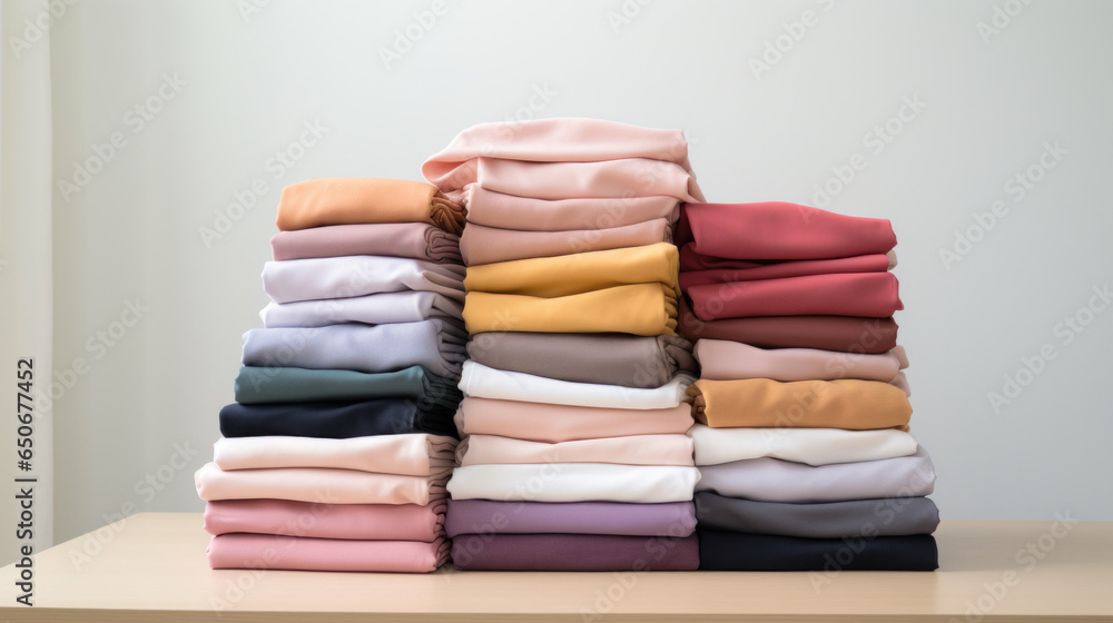 Poster folded clothes in stacks of various simple colors placed on a table on a white background