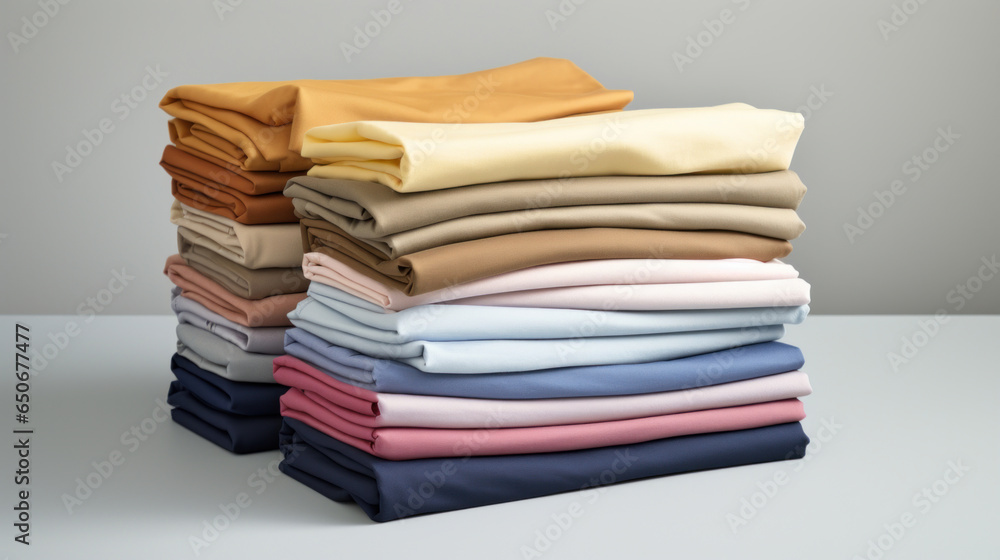 Poster folded clothes in stacks of various simple colors placed on a table on a white background