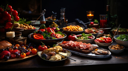 a beautifully laid table with a variety of food, meat cuts and vegetables, on a black background