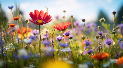 colorful wildflowers growing in the field on a bright sunny day