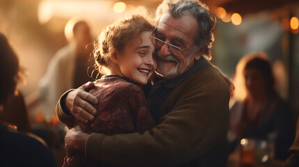 a grandfather in glasses sincerely hugs his granddaughter