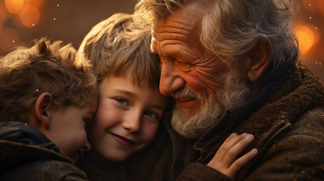 grandfather hugs two grandchildren and smiles