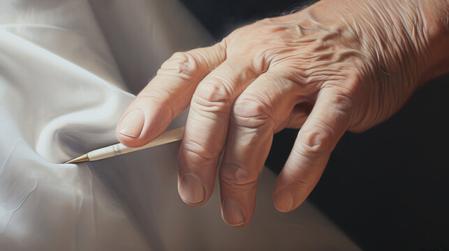 close-up of the artist's hand with a brush in the process of drawing