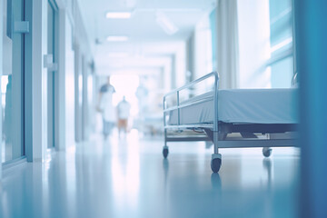 Blurred modern hospital corridor background. Abstract blurred clinic hallway interior. Entrance of medical emergency room in hospital. Healthcare and medical center background.