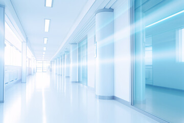 Blurred empty modern hospital corridor background. Abstract blurred clinic hallway interior. Entrance of medical emergency room in hospital. Healthcare and medical center background.