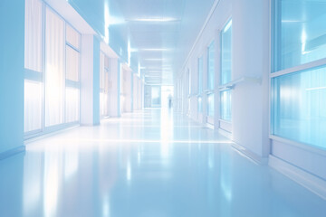 Blurred empty modern hospital corridor background. Abstract blurred clinic hallway interior. Entrance of medical emergency room in hospital. Healthcare and medical center background.