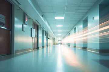 Blurred empty modern hospital corridor background. Abstract blurred clinic hallway interior. Entrance of medical emergency room in hospital. Healthcare and medical center background. - obrazy, fototapety, plakaty
