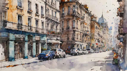 Fototapeta premium drawing of the streets of the old city in watercolor style with pale and soft colors. City illustration. Wallpaper art. AI generated