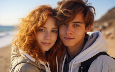 A happy romantic teen couple hug on the beach in a sunny day