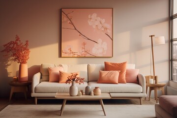 Stylish interior designed in apricot and peach trendy colored style with warm atmosphere effect