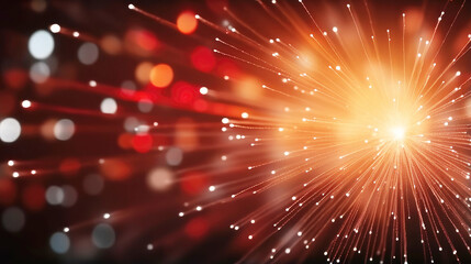 Festive golden fireworks on a red background with bokeh, text space