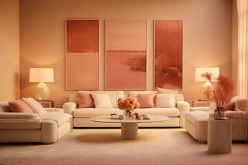 Stylish interior designed in apricot and peach trendy colored style with warm atmosphere effect