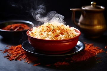 Rice with tea poured over capturing the contrasting colors of the served dish and any additional side food