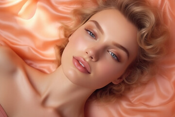a close up portrait of fashion cheerful woman lying on apricot trendy colored surface