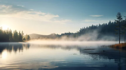 Papier Peint photo Lavable Matin avec brouillard a large body of water with morning fog with a forest on the banks, a beautiful landscape at sunrise