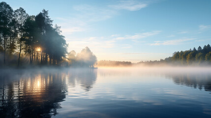 a large body of water with morning fog with a forest on the banks, a beautiful landscape at sunrise