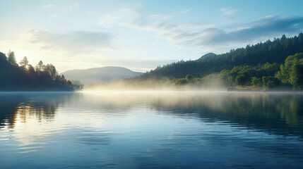Fototapeta premium a large body of water with morning fog with a forest on the banks, a beautiful landscape at sunrise