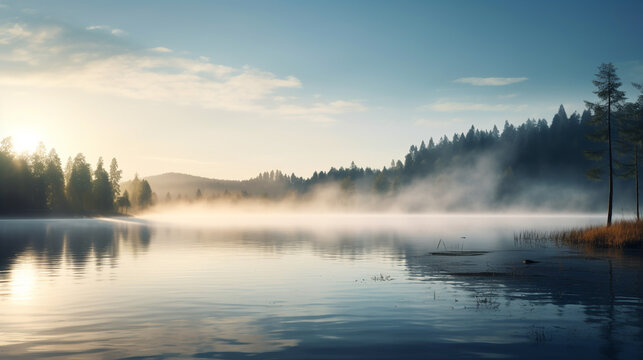 Fototapeta a large body of water with morning fog with a forest on the banks, a beautiful landscape at sunrise