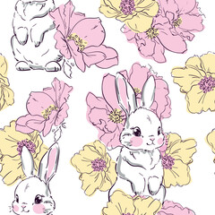 Hand drawn Cute Bunny and flowers vector illustration seamless pattern, Print design rabbit