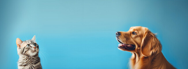 Portrait of a dog and cat on a blue background