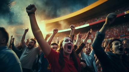 Fototapeta na wymiar female fan with raised arms shouting with delight among other fans in the stadium, stormy emotions of happiness