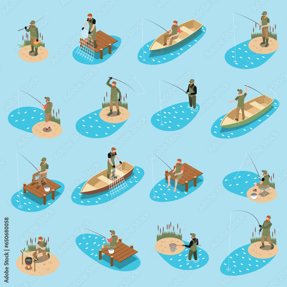 Poster Fishing Fisherman Isometric Icon Set