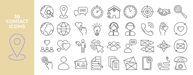 Contact line icons set. Location, meeting, relationship, friendship, peace, contact, letters, e-mail, communication, messages, correspondence, phone calls. Vector stock illustration.