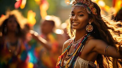 a festive festival of the indigenous people of Africa at which a woman in traditional clothes dances and has fun among the same people - obrazy, fototapety, plakaty