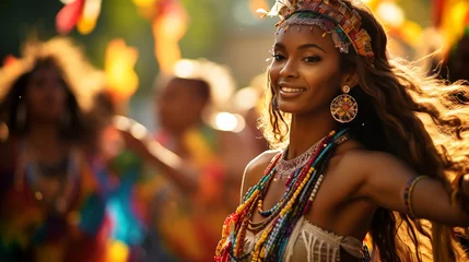 Foto op Canvas a festive festival of the indigenous people of Africa at which a woman in traditional clothes dances and has fun among the same people © MYKHAILO KUSHEI