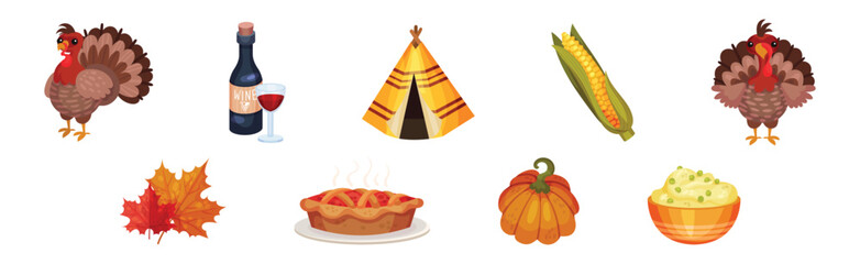 Happy Thanksgiving Objects with Turkey, Pumpkin, Corn Cob, Wigwam, Mashed Potato and Wine Vector Set