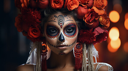 woman with artistic spooky makeup and fresh flowers on head standing prepared for Halloween party.