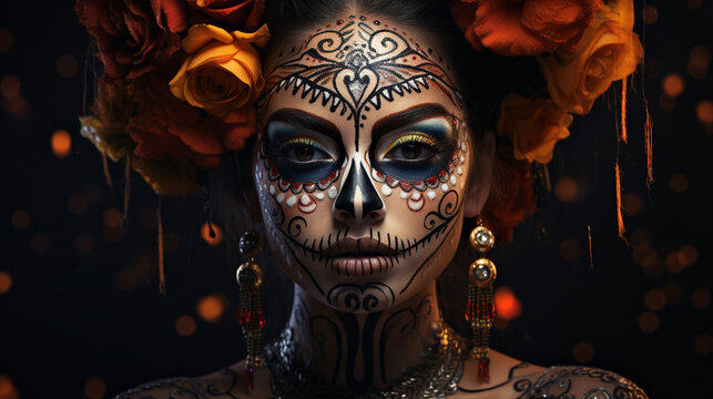woman with artistic spooky makeup and fresh flowers on head standing prepared for Halloween party.