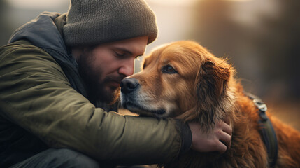 a man on the street adjusts the collar of his dog