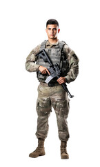 Fototapeta premium Soldier in military uniform with gun, a young man isolated on transparent white background
