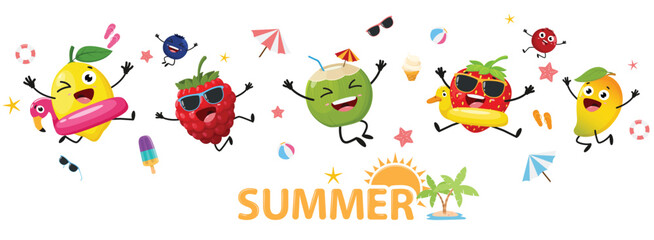Cute summer fruits cartoon characters banner, Lemon, berries, coconut, and mango