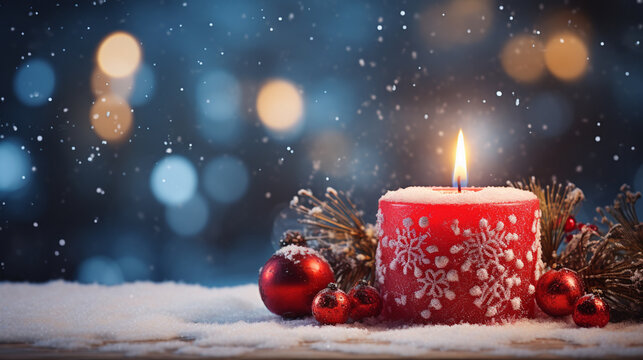 Christmas card with glowing small candle, dark toned image