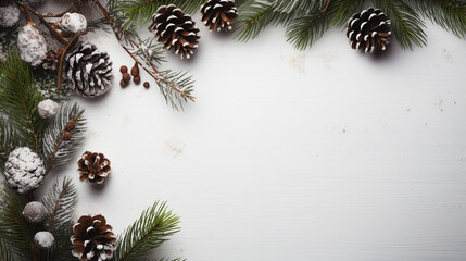 Bright Christmas frame of spruce christmas decorations on white background. Copy space. Winter...
