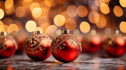 Luxury gold Christmas decorations on dark blue background. Xmas greeting card template, Happy New Year banner mockup