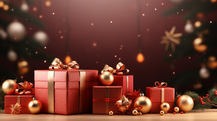 Christmas background with decorations and gift boxes on wooden board